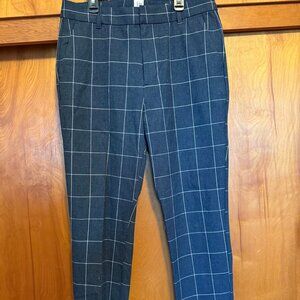 Navy Blue Windowpane Check Ankle Pants